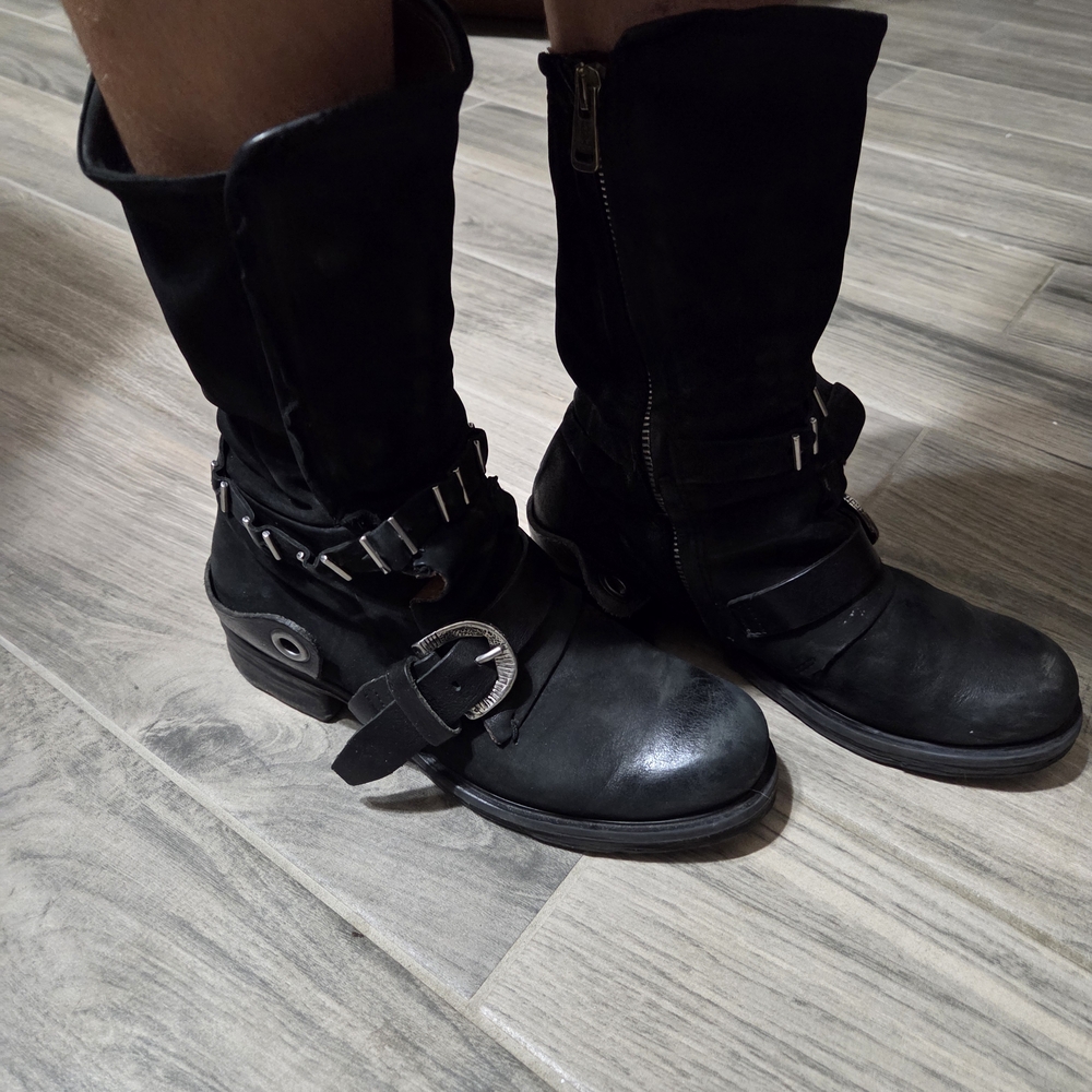 A.S.98 Black Leather Combat Boots with Buckle Straps - Picture 2 of 3